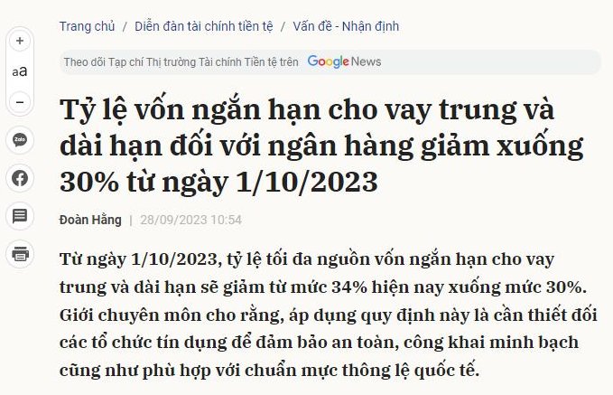 Tỷ lệ vốn ngắn hạn cho vay trung và dài hạn đối với ngân hàng giảm xuống 30% từ ngày 1/10/2023